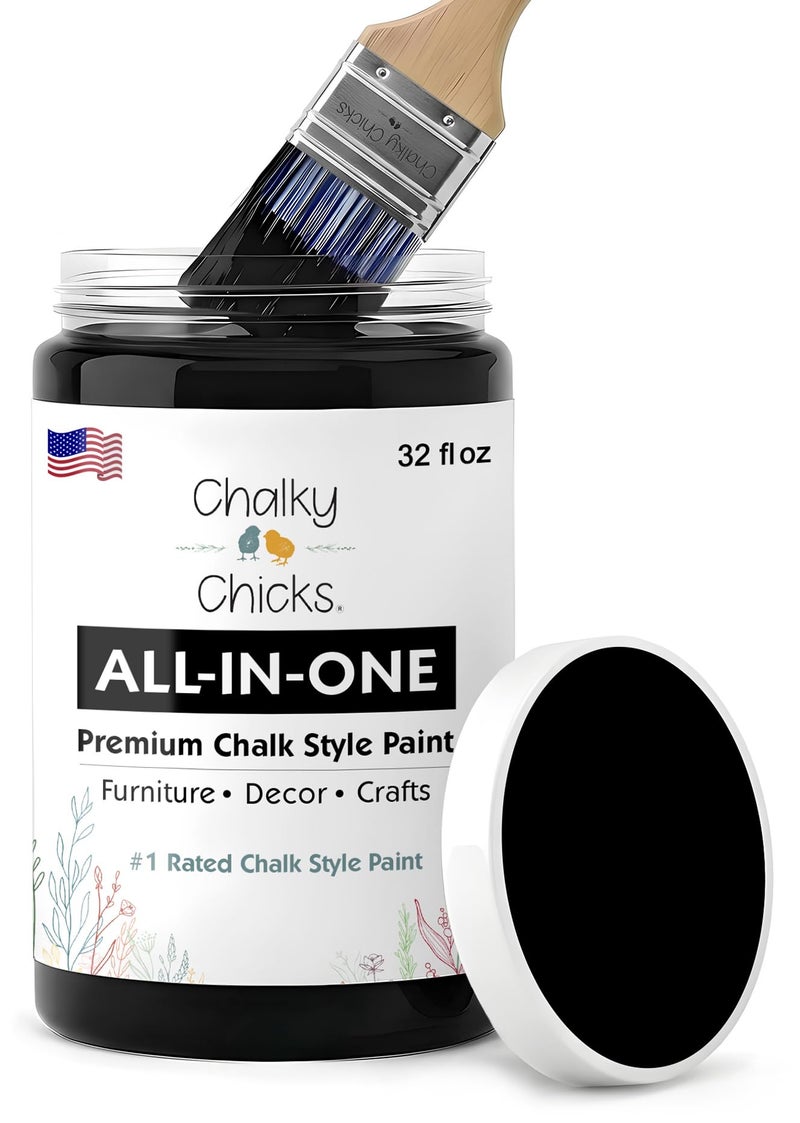 Chalky Chicks All-in-One Chalk Paint for Furniture or Cabinet - 32 Fl Oz - Matte Finish Starless Night Black for Metal, Wood Furniture Paint - No Sanding All-in-One for Home Decor & Crafts, USA Made - Image 1